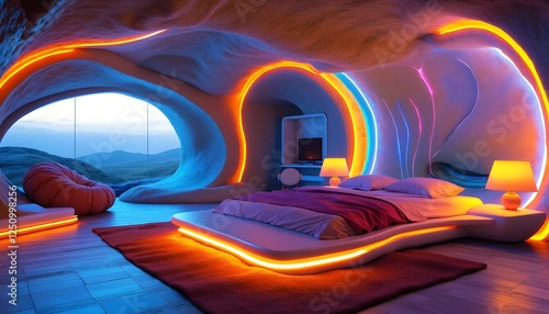 Futuristic Cave Bedroom Design  LED Lights  Mountain View