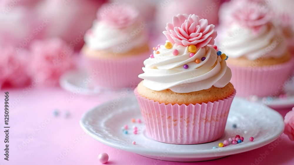 Pink cupcakes, topped with white cream flowers foresting  and icing and colored sprincklings, served on white plates, 300dpi, 3d, empty copy space