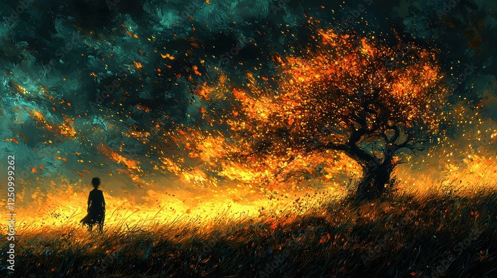 Fototapeta premium A figure stands before a fiery tree in a dramatic, colorful landscape.
