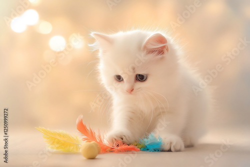  white turkish angora kitten with feathers photo