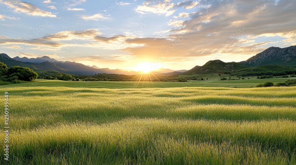 Obraz premium serene sunset over rolling green hills, with golden light illuminating landscape