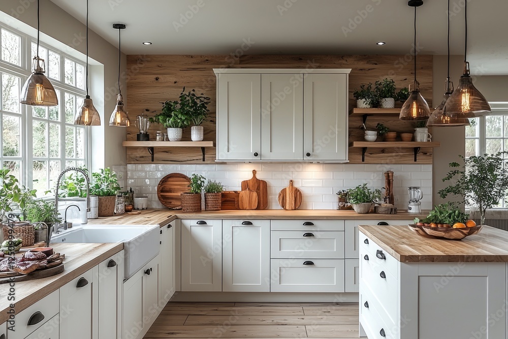custom made wallpaper toronto digitalModern Farmhouse Kitchen With Wooden Accents and Plants