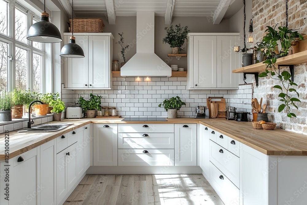 Fototapeta premium Modern Farmhouse Kitchen With White Cabinets And Wood Countertops