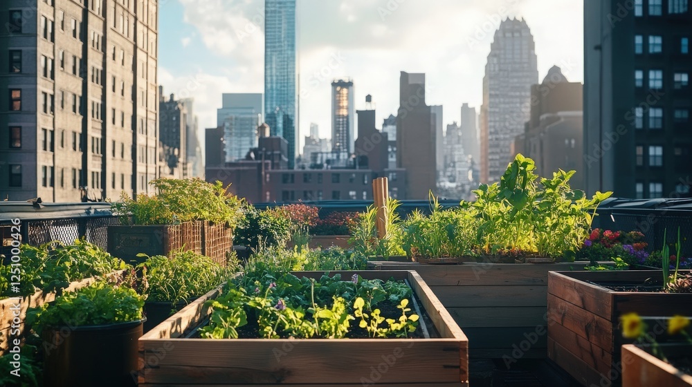 A lush rooftop garden in the middle of a city, with wooden planters filled with green herbs and flowers. The skyline is visible in the background, and the warm tones of the plants contrast with the co A lush rooftop garden in the middle of a city, with wooden planters filled with green herbs and flowers. The skyline is visible in the background, and the warm tones of the plants contrast with the co