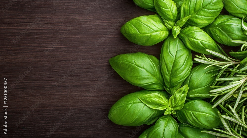 Fototapeta premium Fresh Basil and Rosemary Herbs on Dark Wood Background Perfect for Culinary or Herbal Themes