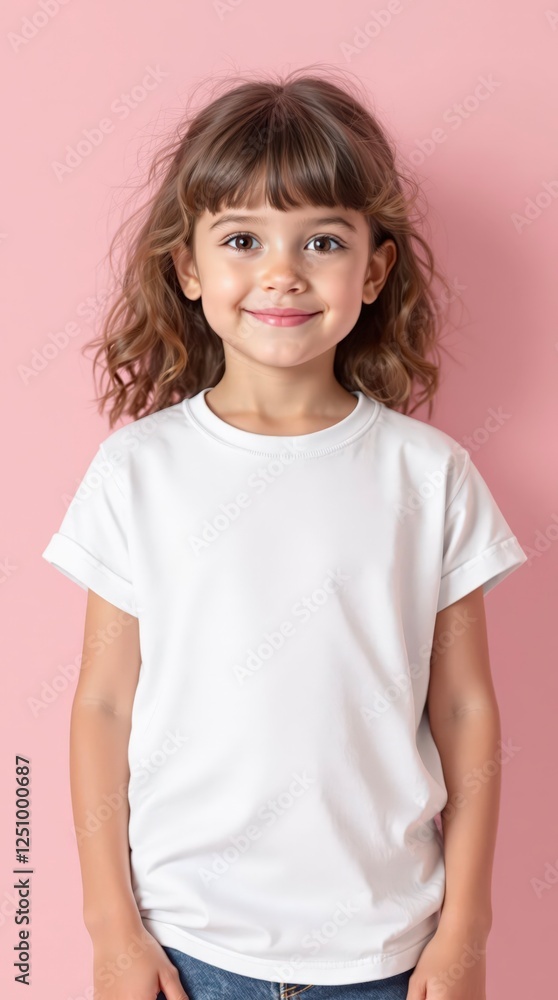 Little girl in white shirt on the pastel pink background Little girl in white shirt on the pastel pink background