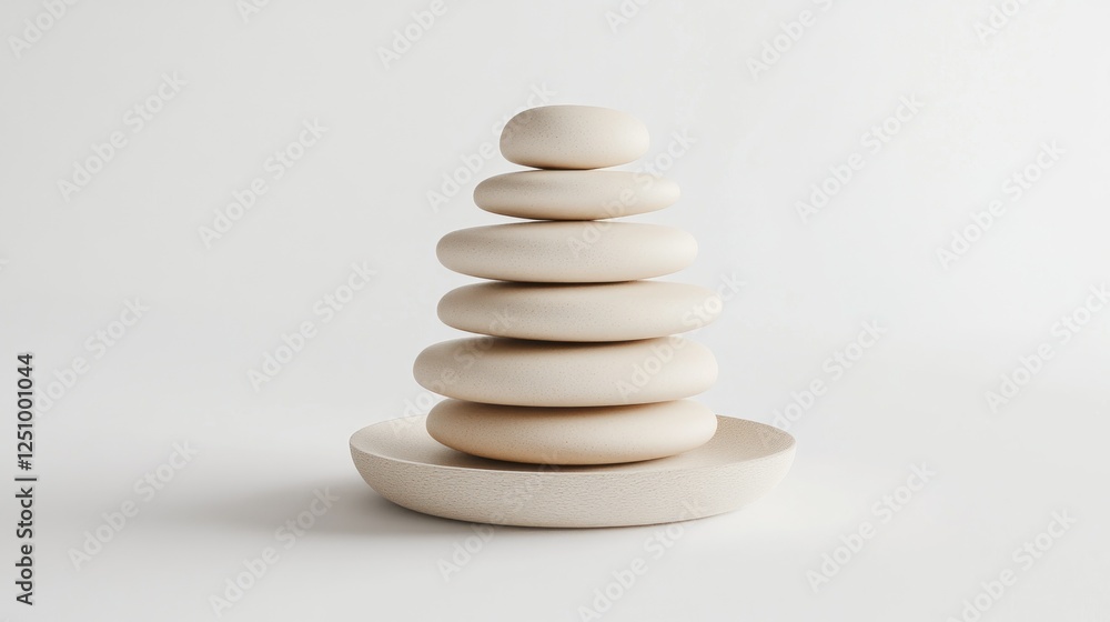 Stacked stones on tray, minimalist zen design, white background, wellness concept Stacked stones on tray, minimalist zen design, white background, wellness concept