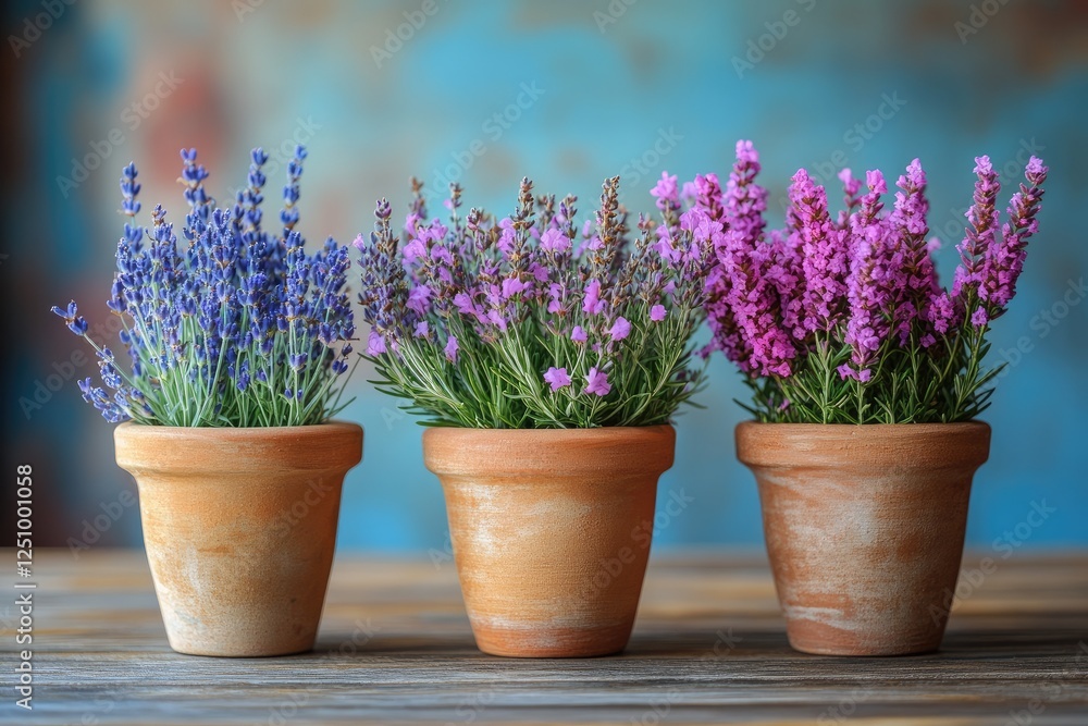 Blooming lavender flowers in terracotta pots on rustic wooden table Blooming lavender flowers in terracotta pots on rustic wooden table