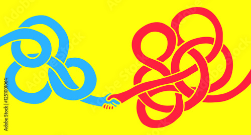 Cartoon funky twisted long handshake in groovy flat style. Abstract art composition for communication. Vector illustration.