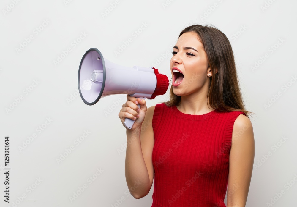 Young blonde woman is shouting into a megaphone. Vibrant energy and communication concepts for various advertising, activism, and leadership uses. Young blonde woman is shouting into a megaphone. Vibrant energy and communication concepts for various advertising, activism, and leadership uses.