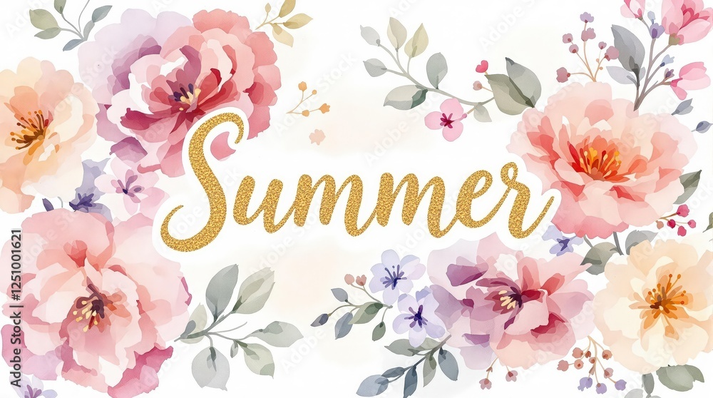 Naklejka premium Watercolor flowers and word summer