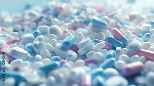 Close-up of assorted pills and capsules in pastel colors.