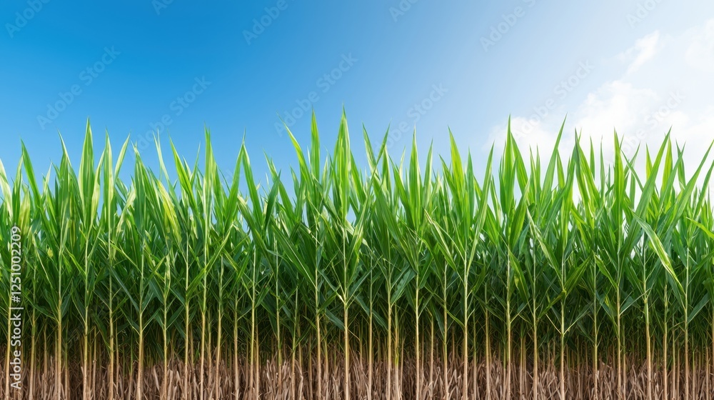 Fototapeta premium Lush Green Cornfield Under a Bright Blue Sky Agriculture Image