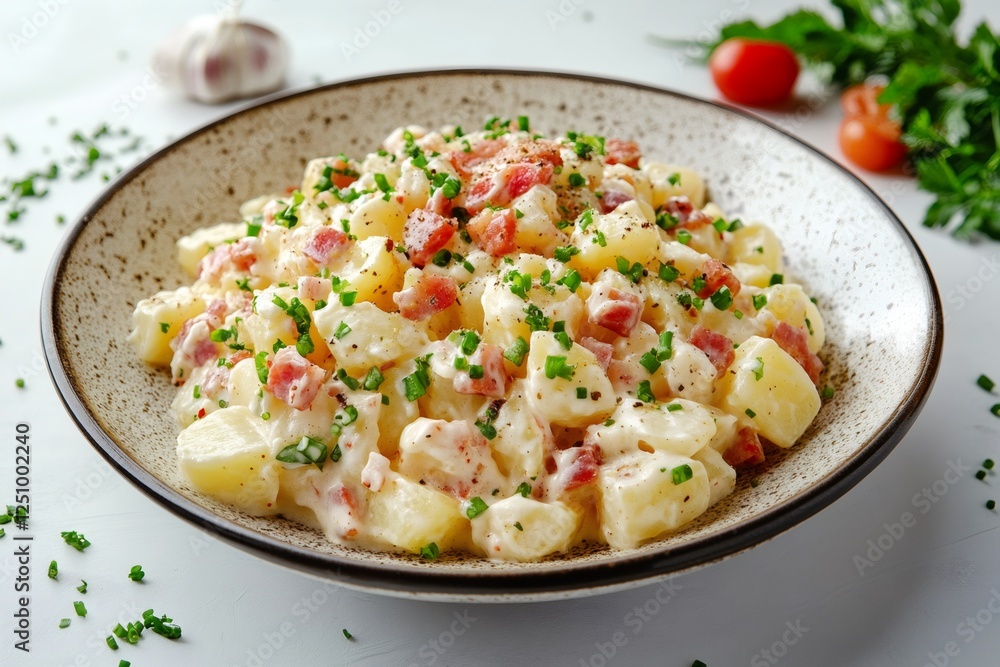Creamy potato salad with bacon and chives dressing Creamy potato salad with bacon and chives dressing