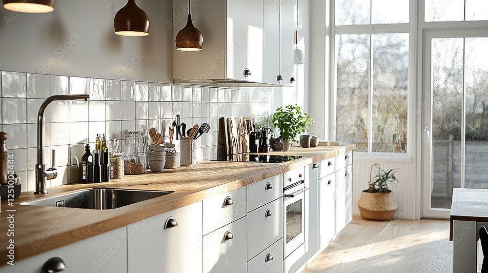 Fototapeta premium Modern Bright Kitchen With Wooden Countertop And Island