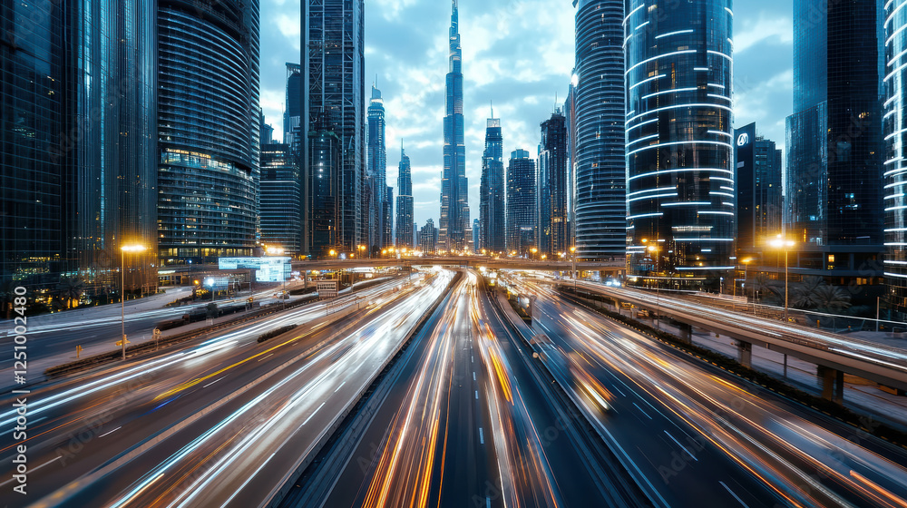 bustling cityscape with skyscrapers and light trails from traffic bustling cityscape with skyscrapers and light trails from traffic