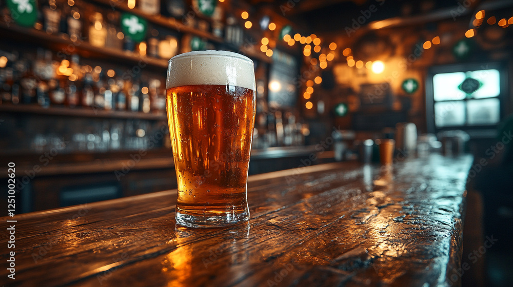 Enjoying a festive pint of golden beer in a cozy pub on St. Patrick's Day celebration Enjoying a festive pint of golden beer in a cozy pub on St. Patrick's Day celebration