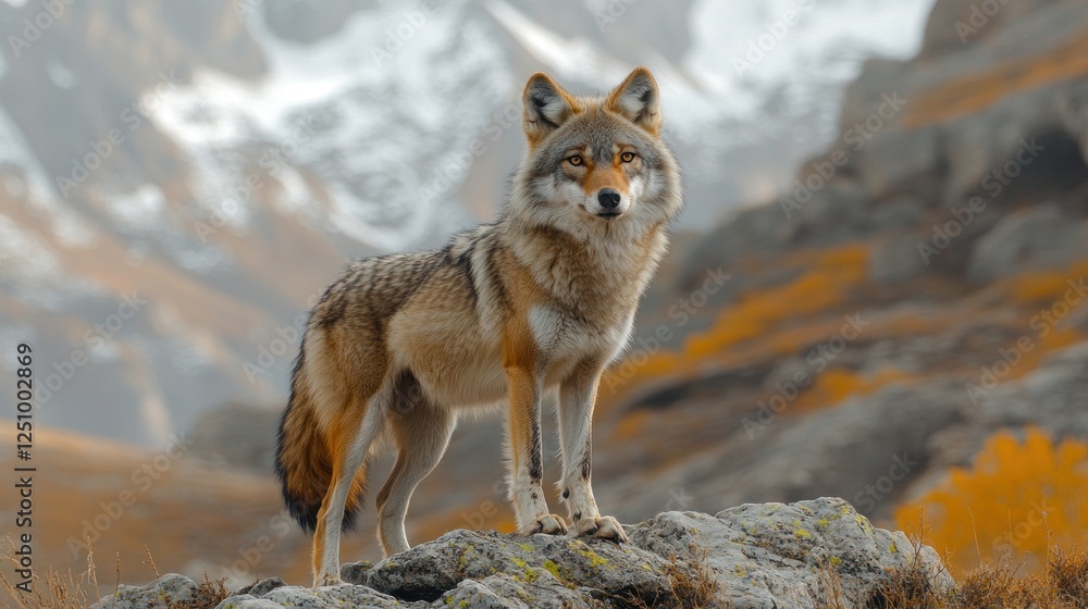 Majestic wolf on mountain peak, autumnal backdrop, wildlife photography Majestic wolf on mountain peak, autumnal backdrop, wildlife photography