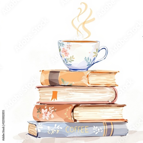 Watercolor stack of books and cup of coffee 