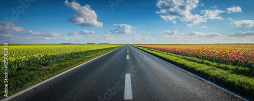Rural highway, endless road, vibrant yellow and red flower fields, straight asphalt, blue sky with fluffy clouds, vanishing point, panoramic landscape, colorful countryside, summer scenery, open 