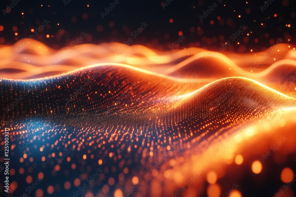 Orange particles flowing and forming digital landscape in cyberspace Orange particles flowing and forming digital landscape in cyberspace