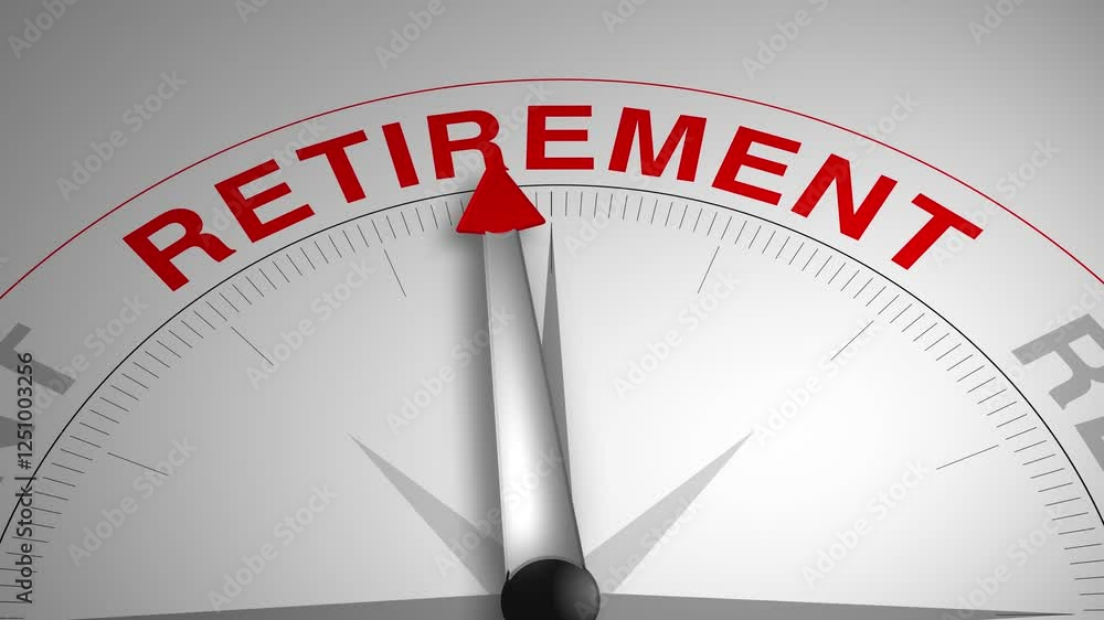 Retirement text or word with a gauge arrow on a compass, representing guidance and direction on a clean white background. Ideal for business, coaching, consulting, and concept Retirement text or word with a gauge arrow on a compass, representing guidance and direction on a clean white background. Ideal for business, coaching, consulting, and concept