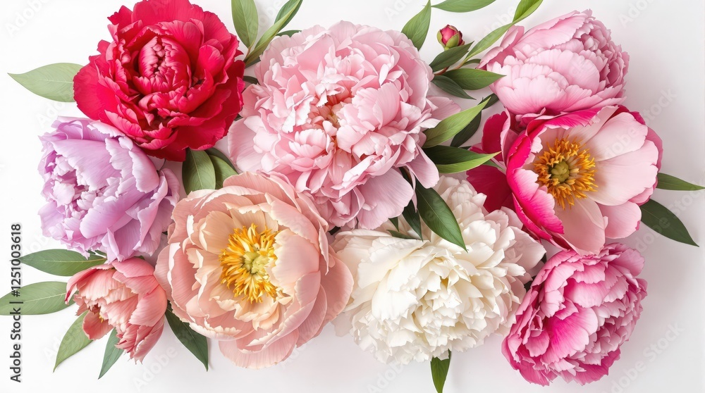 Colorful peonies on the white background 