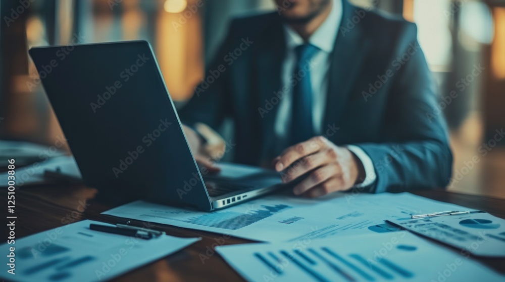 Businessman working on laptop, analyzing financial reports and charts at his desk. Businessman working on laptop, analyzing financial reports and charts at his desk.
