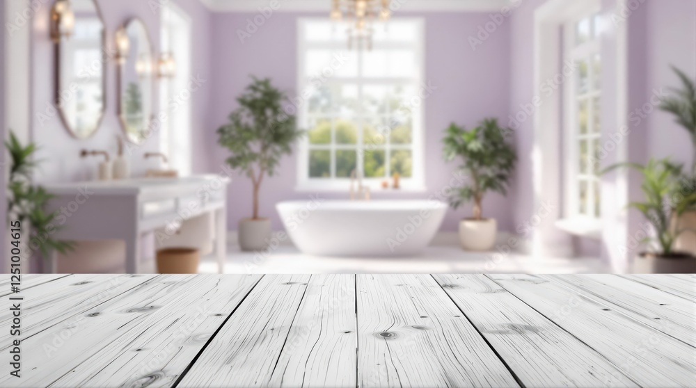 Wooden table for product display on the blurred bathroom background Wooden table for product display on the blurred bathroom background