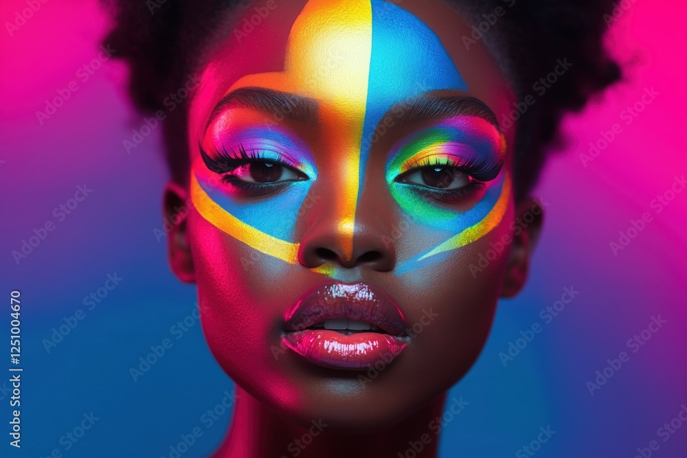 A striking close-up portrait of a model with vivid, multicolored face paint, each hue blending seamlessly into the next. A striking close-up portrait of a model with vivid, multicolored face paint, each hue blending seamlessly into the next.