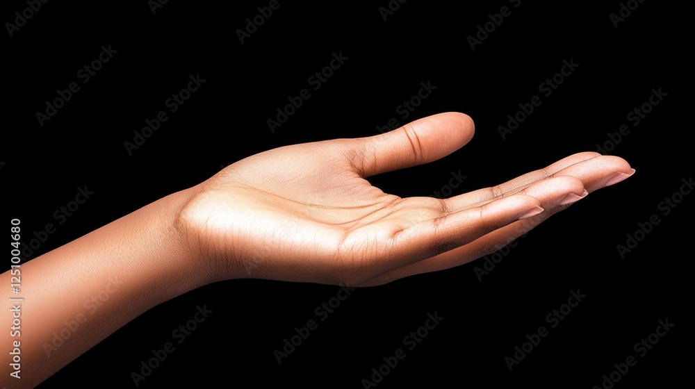 Open Brown Hand Palm Up Against Black Background Offering Help Support Open Brown Hand Palm Up Against Black Background Offering Help Support