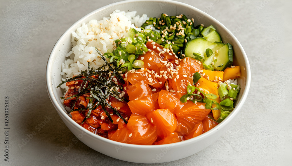 Delicious poke bowl with salmon, rice and vegetables on light grey table, top view Delicious poke bowl with salmon, rice and vegetables on light grey table, top view
