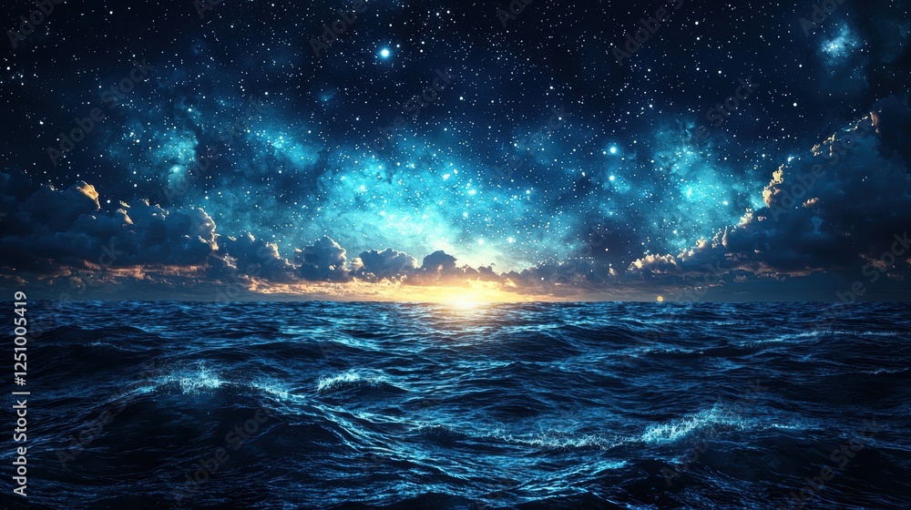 A serene ocean scene under a starry sky at sunset. A serene ocean scene under a starry sky at sunset.