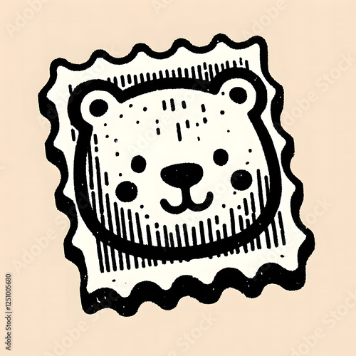 Vector illustration of a black and white stamp of bear photo