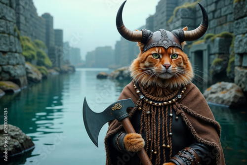 Viking cat standing with an axe near a misty lake surrounded by ancient ruins