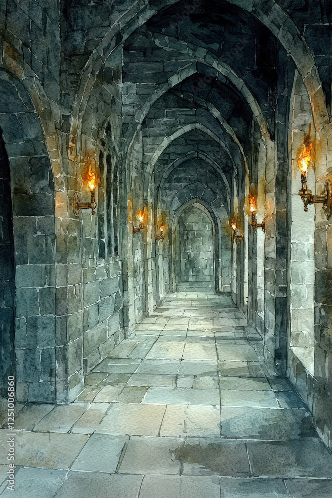 Fototapeta premium Stone_arches_form_a_long_corridor,_dimly_lit_by_sconces_and_leading_into_the_depths.