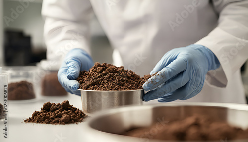 Scientist pulverizing and sieving soil samples at table, closeup. Laboratory analysis photo