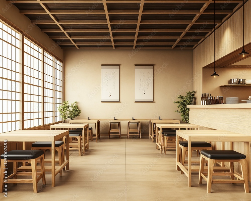 Japanese-style, minimalist design restaurant with wooden tables and chairs for dining Japanese-style, minimalist design restaurant with wooden tables and chairs for dining