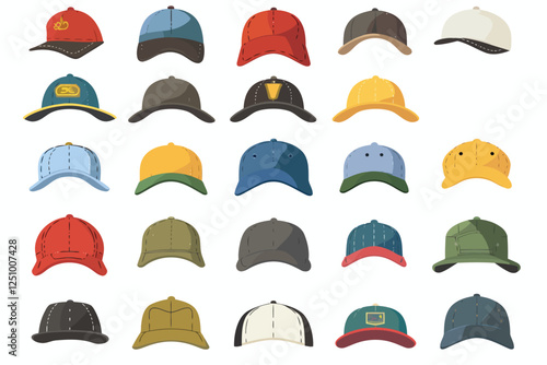 Collection set of caps and hats top view isolated illustration