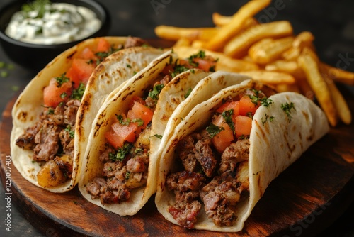 Delicious tacos with meat, tomatoes, potatoes, herbs, french fries and white sauce lying on wooden board photo