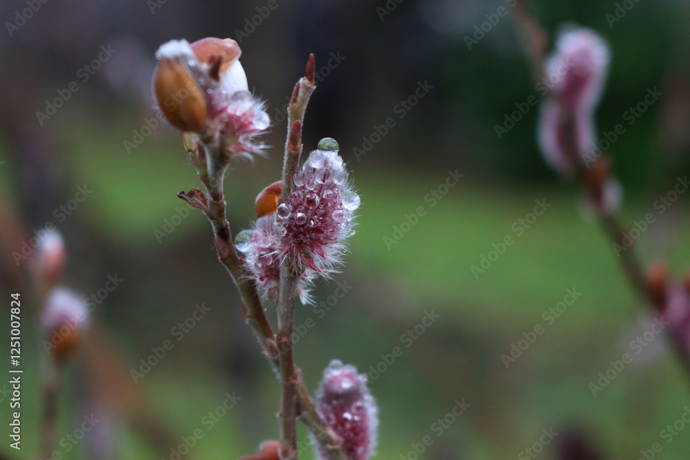 Close-up of blooming Japanese Willow pink flowers covered by raindrops. Salix gracilistyla 'Mt. Aso' on early springtime Close-up of blooming Japanese Willow pink flowers covered by raindrops. Salix gracilistyla 'Mt. Aso' on early springtime