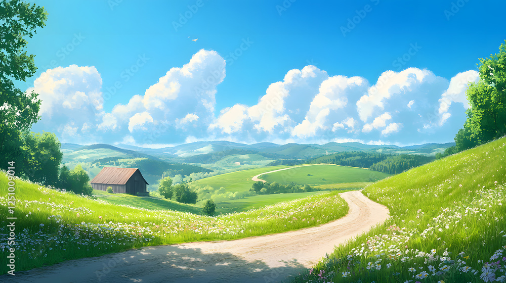Obraz premium Idyllic Rural Landscape Winding Country Road Leading to a Rustic Farmhouse under a Sunny Sky