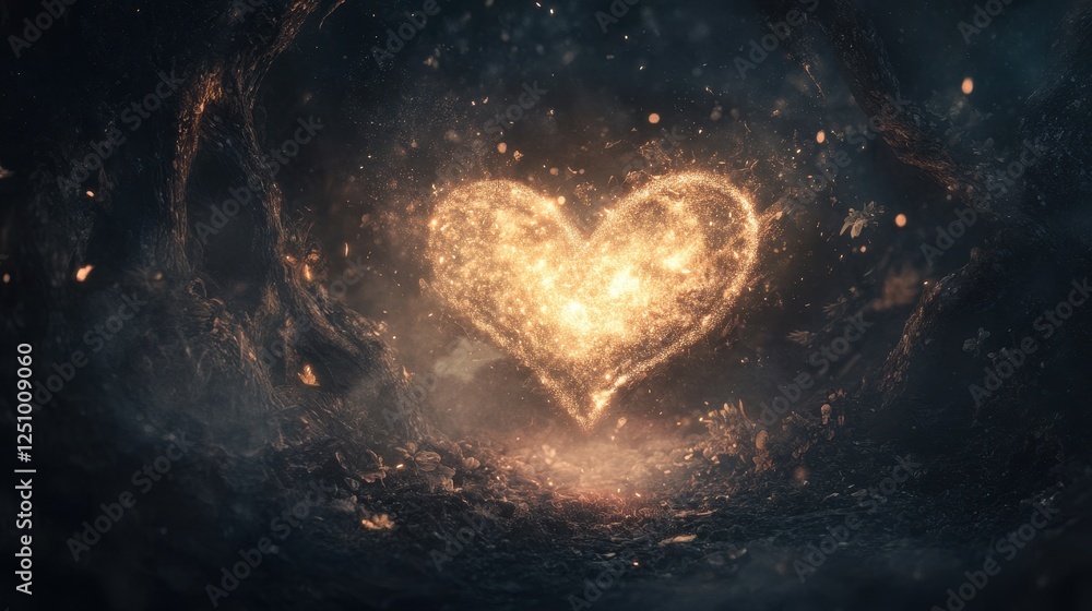 Glowing Golden Heart Sparkles Abstract Cosmic Background Glowing Golden Heart Sparkles Abstract Cosmic Background