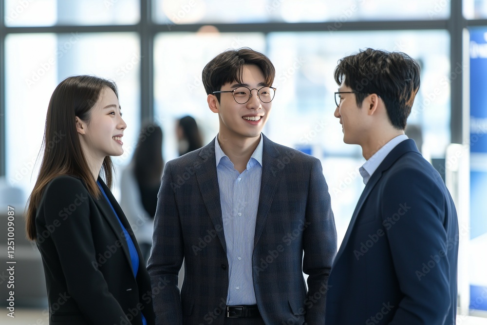 business people conversing in the lobby of an office building, wearing suits and smiling at each other business people conversing in the lobby of an office building, wearing suits and smiling at each other