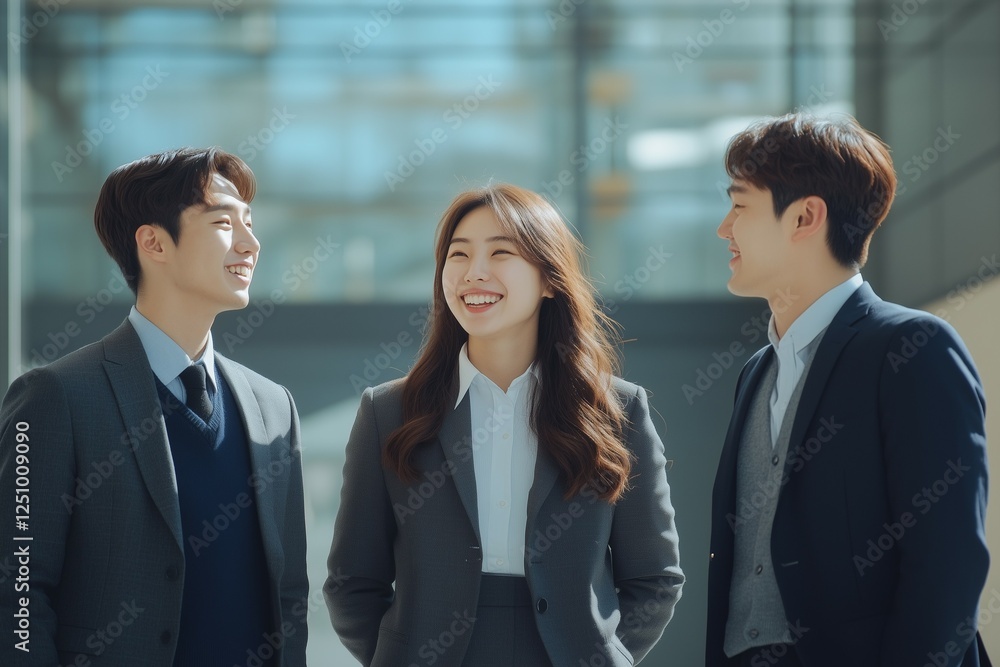 business people conversing in the lobby of an office building, wearing suits and smiling at each other business people conversing in the lobby of an office building, wearing suits and smiling at each other