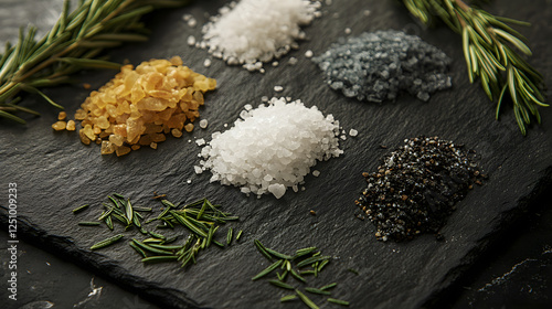 Wallpaper Mural Coarse sea salt crystals and rosemary leaves grouped in small piles across a slate board, showcasing earthy tones and textures. Torontodigital.ca