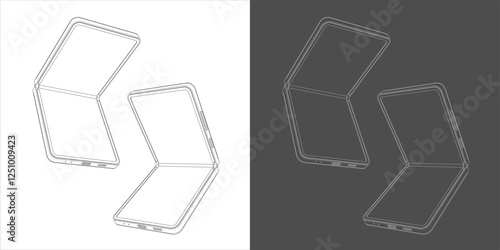 Minimalist Line Art of a Foldable Smartphone in Multiple Angles with Dual Background