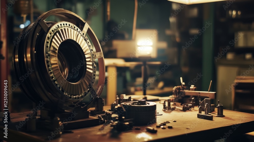 Precision engineering, Intricate metalwork on workbench in dimly lit space Precision engineering, Intricate metalwork on workbench in dimly lit space