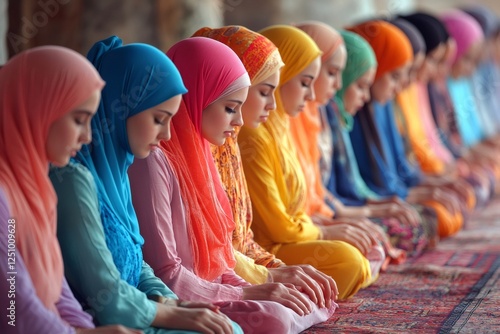 Women in colorful hijabs praying together in mosque