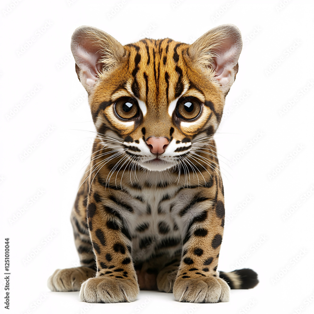 A captivating, wide-eyed ocelot kitten sits attentively, displaying its beautiful spotted and striped coat against a clean white backdrop. A captivating, wide-eyed ocelot kitten sits attentively, displaying its beautiful spotted and striped coat against a clean white backdrop.
